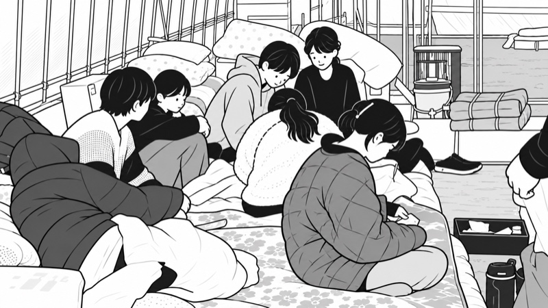 避難所で毛布や布団の上に身を寄せ合って過ごす人々の線画イラスト