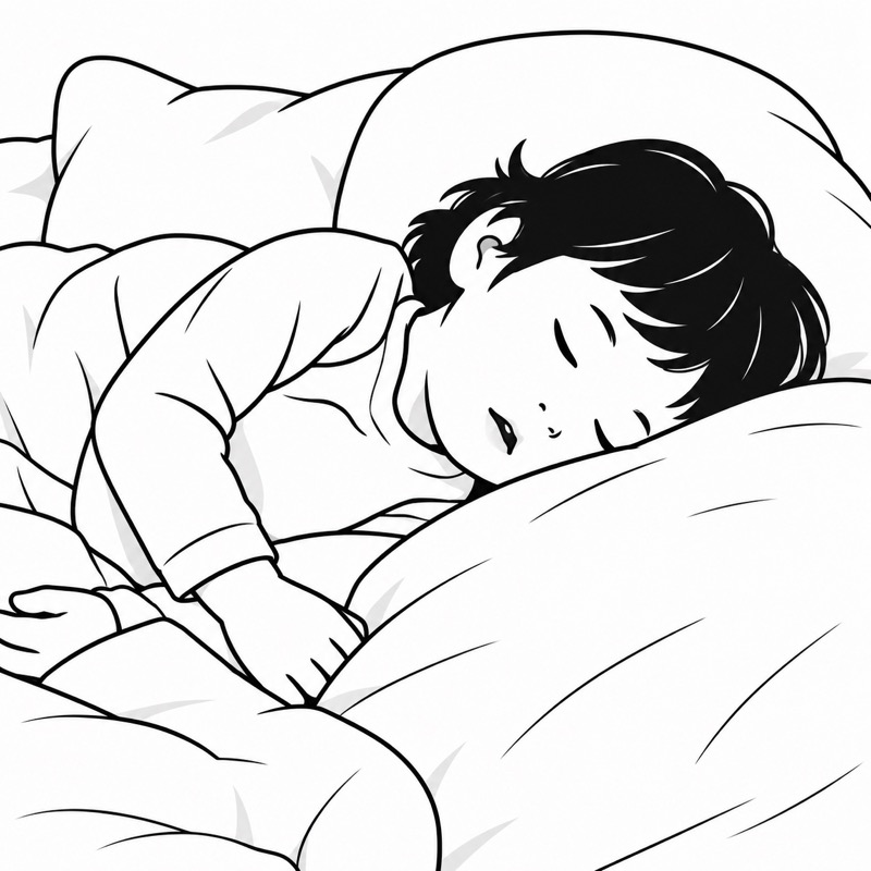 白い寝具に包まれて安らかに眠る子どもの線画イラスト