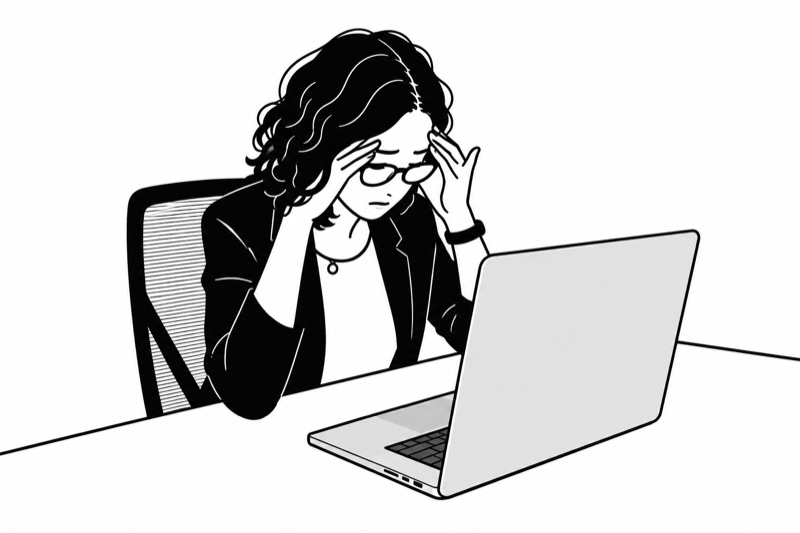 デスクでノートパソコンに向かい、こめかみに手を当てて疲れを感じている女性の線画イラスト