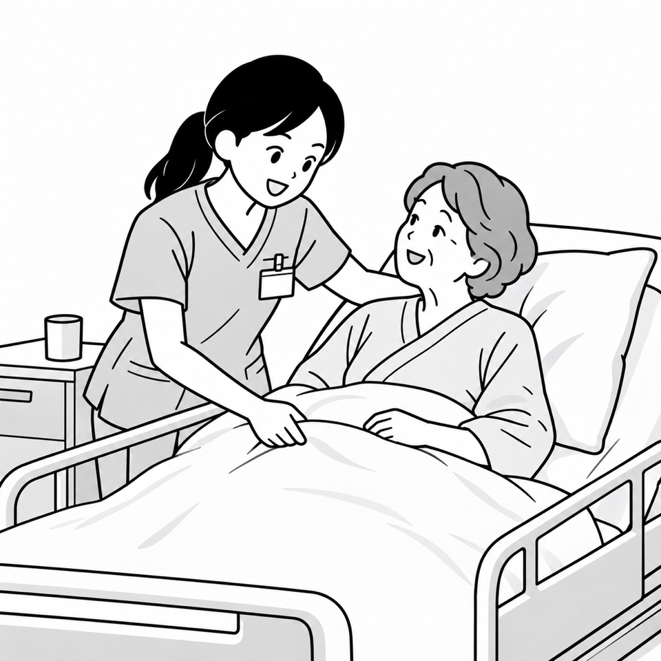 ベッドサイドで患者に寄り添い、やさしく声をかける看護師のイラスト