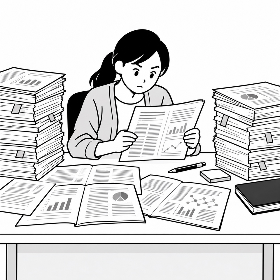 机に積み上がった大量の論文に囲まれ、一編を読み込む若手研究者のイラスト