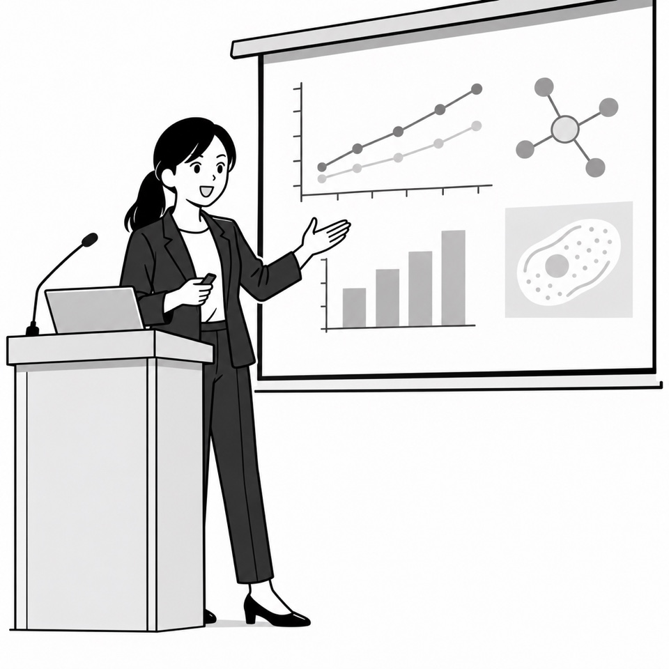 スクリーンにグラフを映しながら、演台で学会発表を行う若手研究者のイラスト