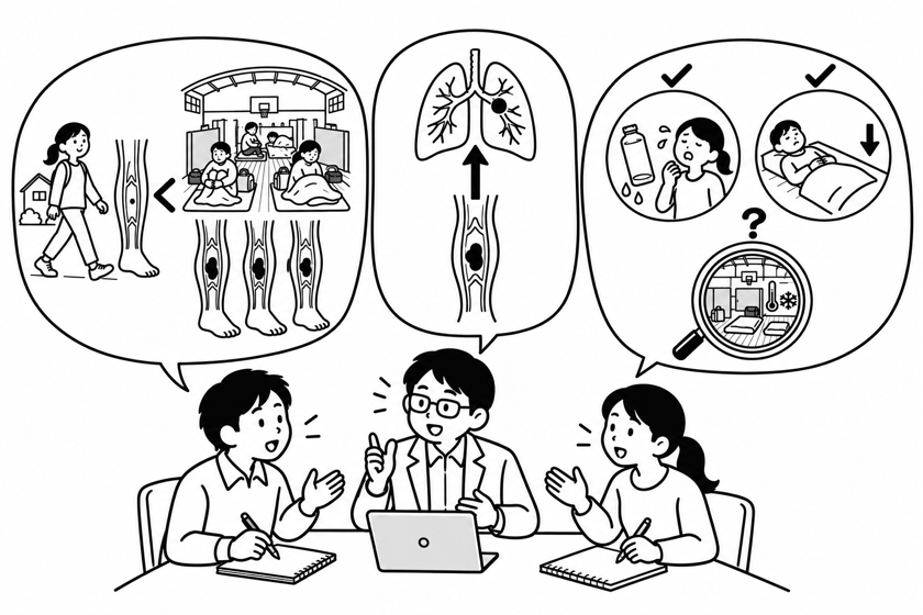 避難所生活で深部静脈血栓症が増えること、血栓が肺へ移動して肺塞栓症を起こすこと、脱水や活動量低下に加えて避難所環境自体がリスク要因ではないかという問いを、教員と学生が議論しているイラスト